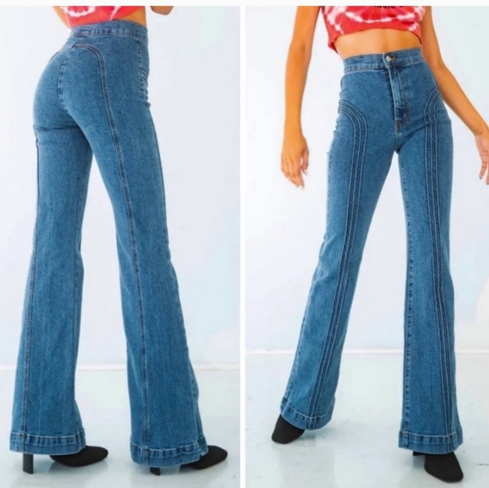 NWT Revice Rollergirl Flare Blue Clue Wash Jeans Size 30 70s retro vintage